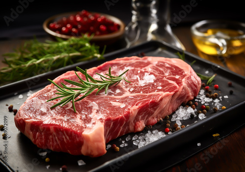 Raw steak with rosemary for cooking. AI Generative