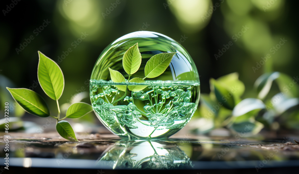 Glass sphere with leaves on forest floor, Environment concept. AI Generative Glass sphere with leaves on forest floor, Environment concept. AI Generative