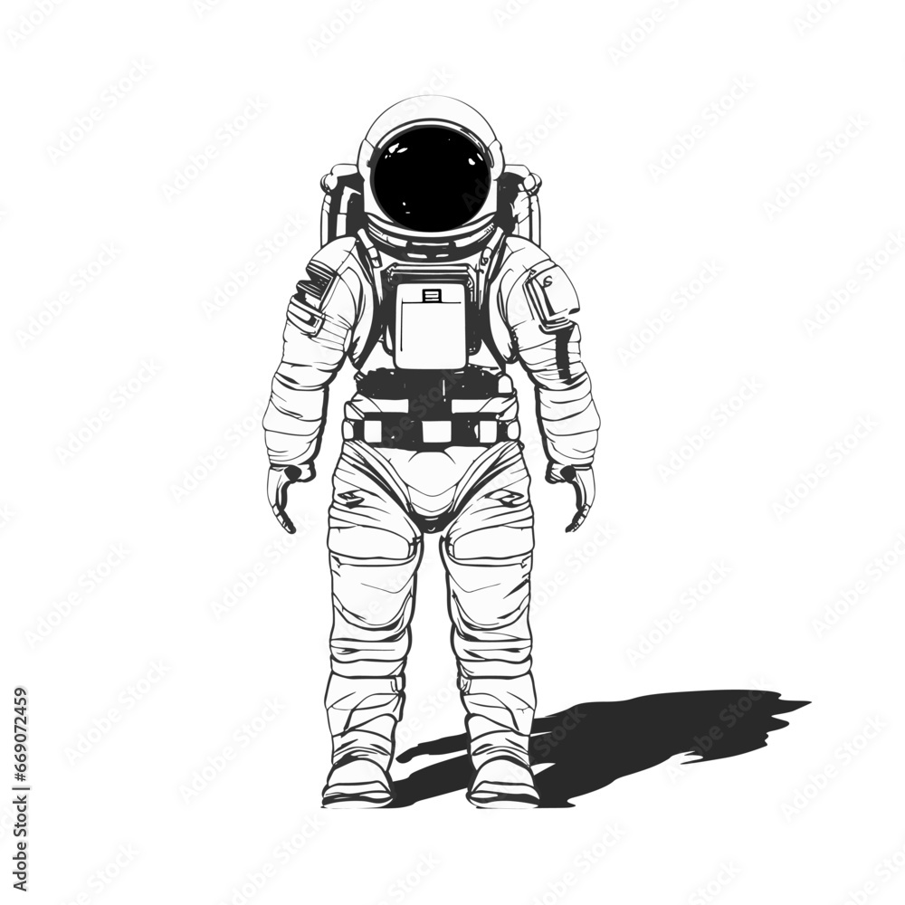 An astronaut standing upright in a spacesuit with a shadow. Sketch style in black lines on a white background. An astronaut standing upright in a spacesuit with a shadow. Sketch style in black lines on a white background.