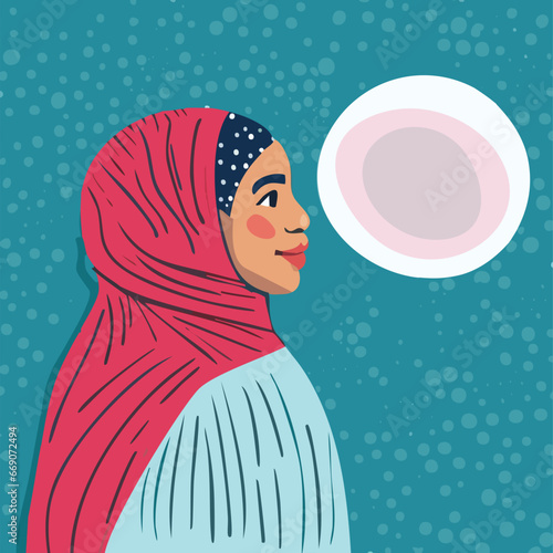 girl with a scarf and moon illustration vector.
