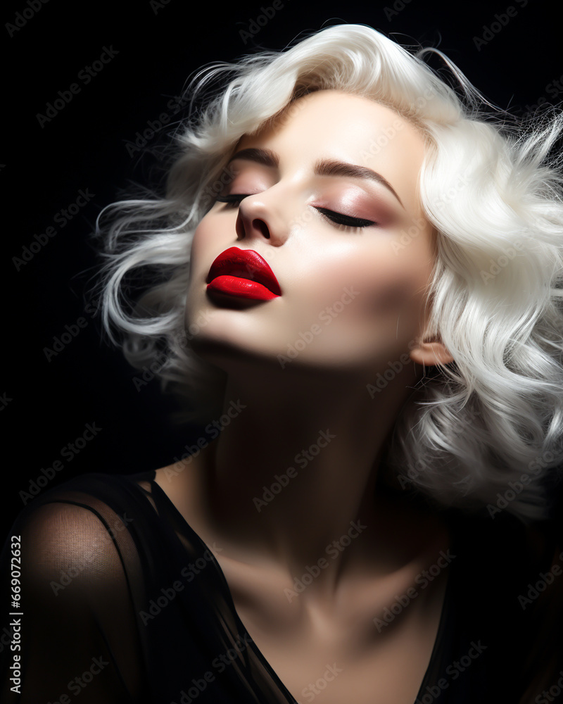 Fototapeta premium Closeup of young elegant woman with white hair and red lips. Contemporary and sophisticated fashion and makeup concept. AI Generative