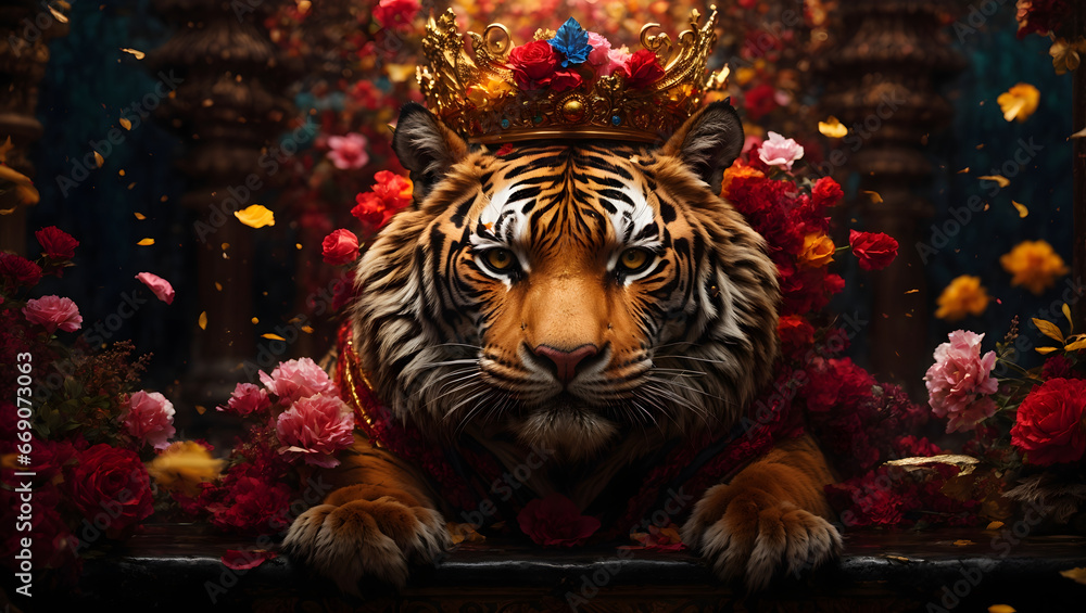 Portrait of a tiger wearing crown, with golden patterns and roses on a dark background.