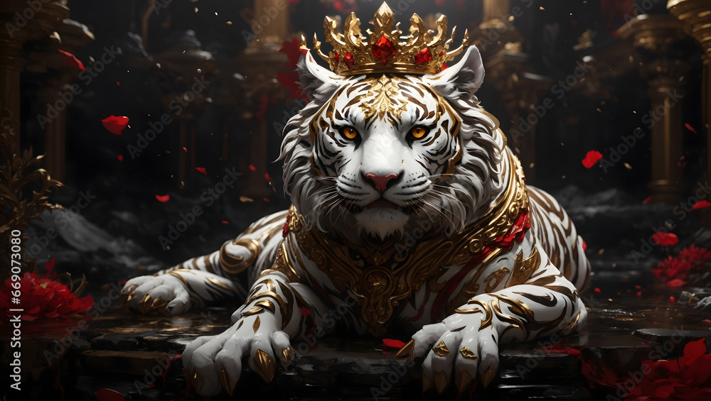 Portrait of a white tiger wearing crown, with golden patterns and roses on a dark background.