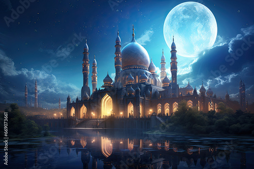 mosque with moon in the sky. ramadan kareem concept. ramadan nights
 photo