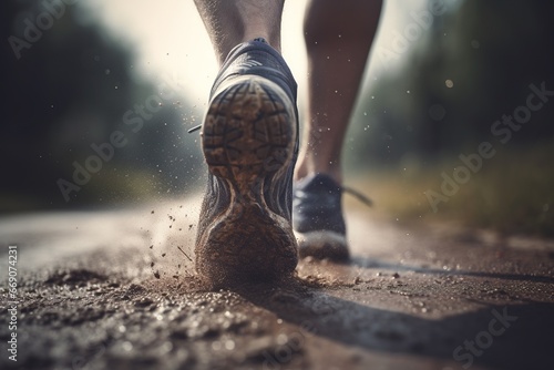 Legs in sneakers of a sports runner close-up. Runner's feet in the mud. Running in the park in the rain. Sports concept