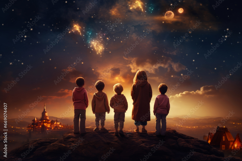 silhouette of back view children which looking on the christmas beautiful night sky full of stars