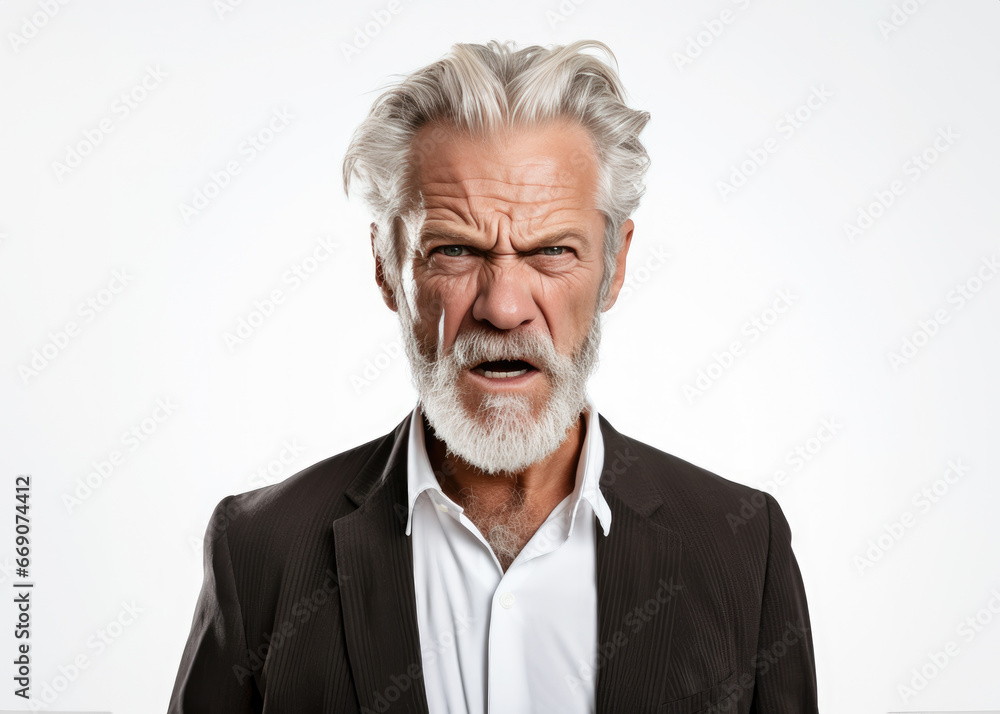 Angry old man screaming looking straight at the camera, isolated on white background. AI generative. Angry old man screaming looking straight at the camera, isolated on white background. AI generative.