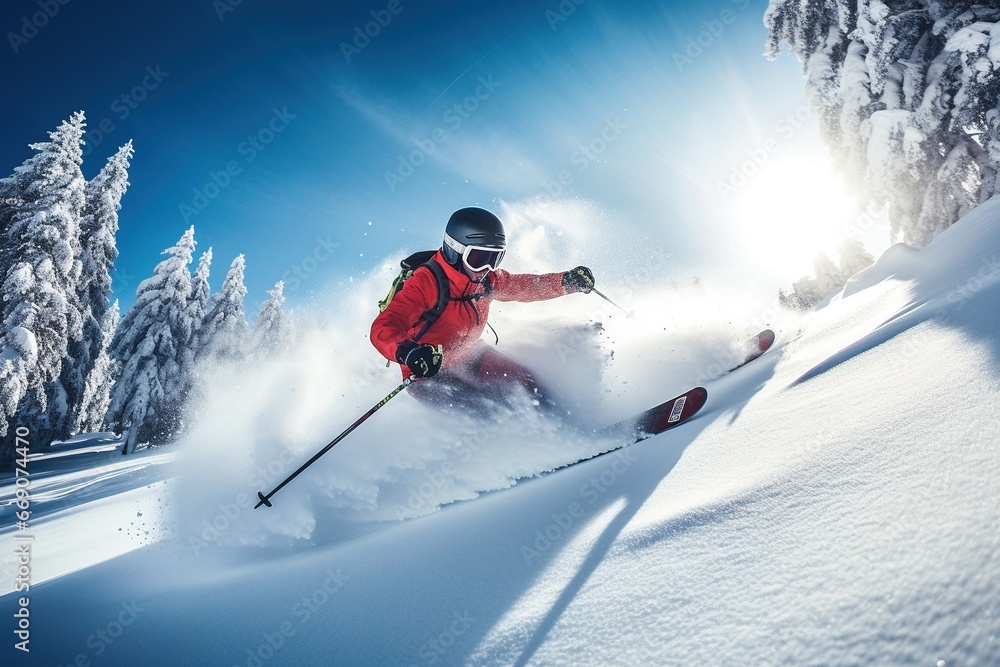 Skier descends from a snowy mountain. Sports, recreation concept