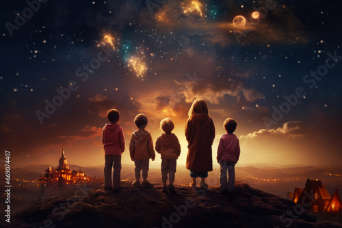 silhouette of back view children which looking on the christmas beautiful night sky full of stars