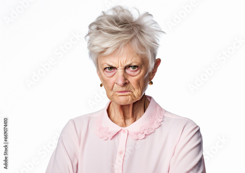 Very angry old woman looking seriously straight in front of the camera, isolated on white background. AI generative.