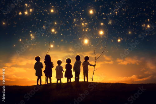 silhouette of back view children which looking on the christmas beautiful night sky full of stars photo