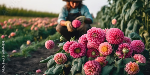 Farmer woman. Collects grown flowers from the fields. Gardener. Flower business