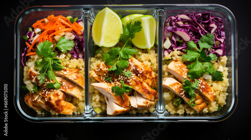 Healthy meal prep containers with quinoa chicken © franklin