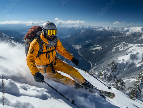 Alpine skiers in deep snow on a steep slope, AI generated