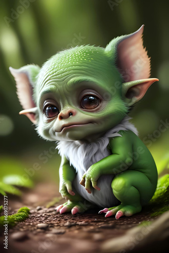 Funny goblin. Close up. Blurred background.
