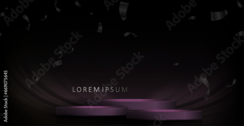 Round podium with shimmering tinsel on a dark background.