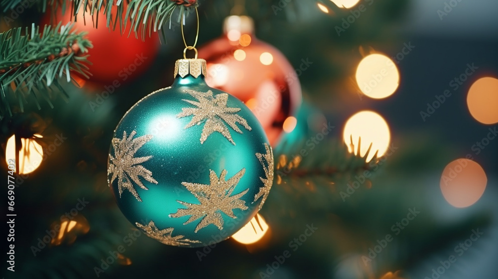 Bright New Year decorations on the Christmas tree, festive background, beautiful card. Bright New Year decorations on the Christmas tree, festive background, beautiful card.