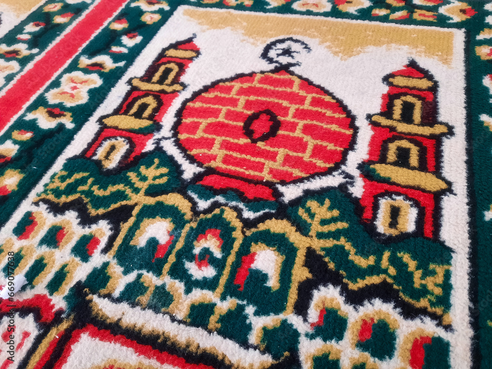 Muslim prayer rug with mosque pattern. Praying mats. Mosque flooring 