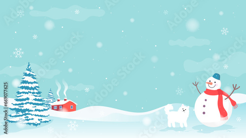Winter landscape background vector illustration. Cute Samoyed dog and Snowman in the snow with copy space