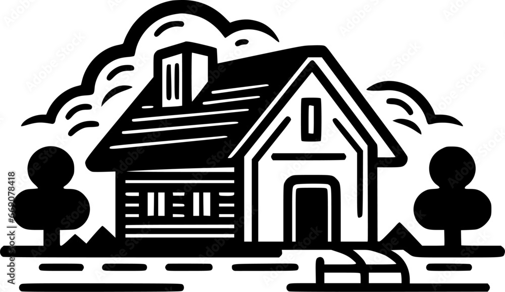 Farmhouse | Black and White Vector illustration