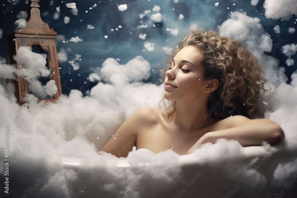 Relaxing moments of a woman in a bath with foam