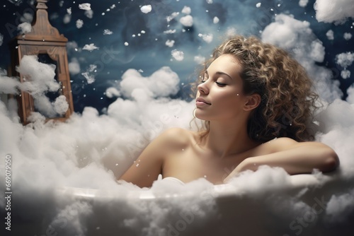 Relaxing moments of a woman in a bath with foam