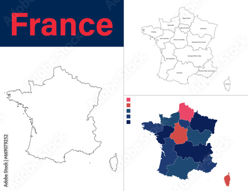 Vector France maps pack including outline regions national color palette