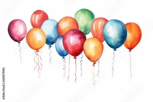 Watercolor balloons in various colors, single, on white background. AI generated