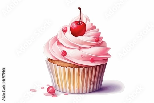 Watercolor cupcake with sprinkles and a cherry on top on white background. AI generated