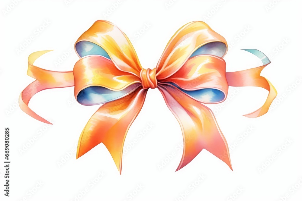 Watercolor gift ribbon with elegant loops, single, on white background. AI generated