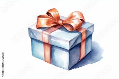 Watercolor gift box with a ribbon and bow, single, on white background. AI generated © PandaStockArt