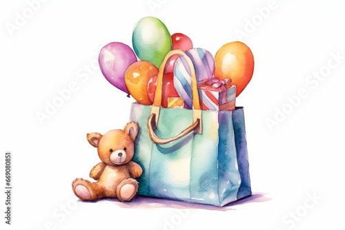 Watercolor party favor box filled with sweets and trinkets on white background. AI generated © PandaStockArt