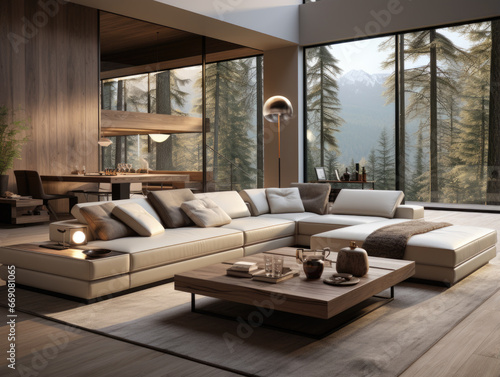 A modern living room set against a contemporary interior design background. © cendeced