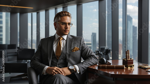 Businessman in a suit in an office with a cigar in a skyscraper