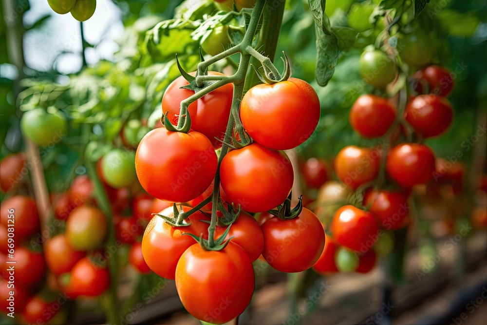 Ripe red tomatoes on a branch in a greenhouse. Selective focus, Ripe red tomatoes growing on a branch in a greenhouse. Close up, AI Generated