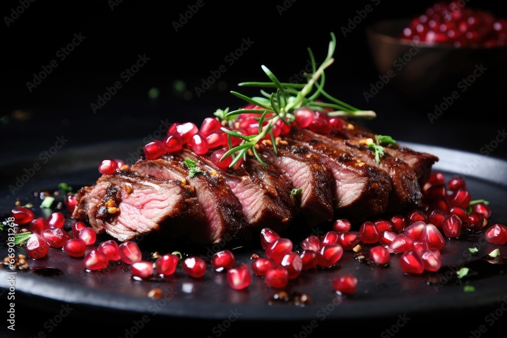 Grilled steak with pomegranate and rosemary on black plate, Roasted duck fillet with pomegranate seeds and herbs, AI Generated