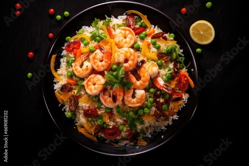 Fried rice with shrimps and vegetables on a black background  Rice with vegetables and shrimps on Black background  top view  AI Generated