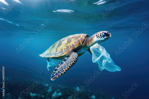 Green sea turtle swimming in the blue water with a plastic bag, Sea turtle with plastic bags in the ocean. Concept of environmental pollution, AI Generated
