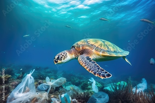 Green sea turtle with plastic trash on the bottom of the ocean, Sea turtle with plastic garbage in the ocean. Pollution of nature concept, AI Generated