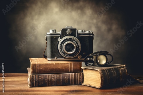 Vintage camera, books and glasses on wooden table. filtered image, render of a sexy woman in black lingerie over grey background, AI Generated