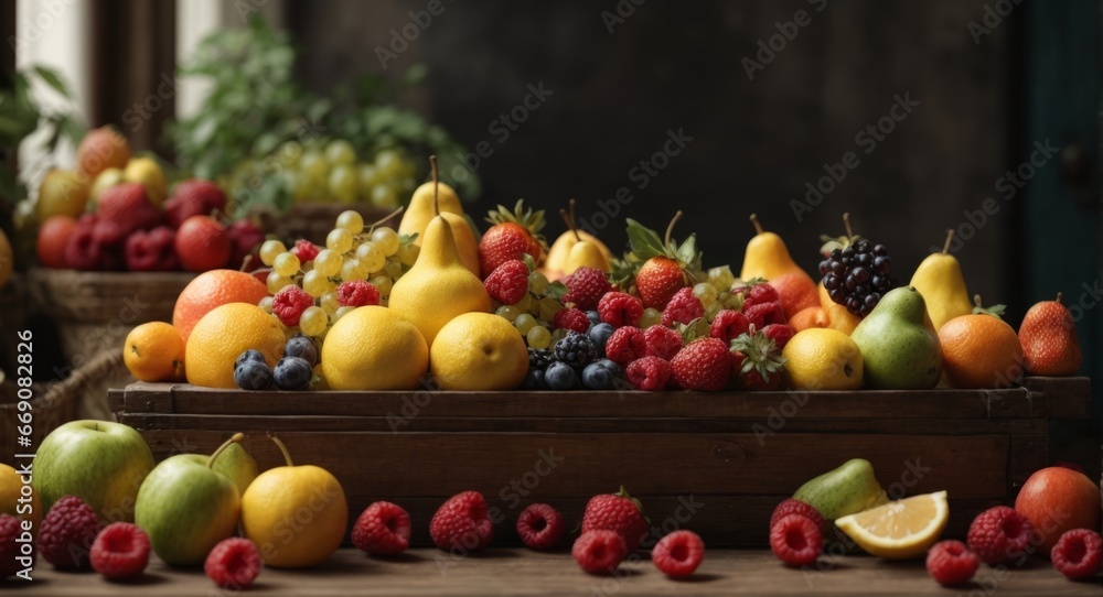 panoramic format web banner filled with whole and sliced fresh fruits