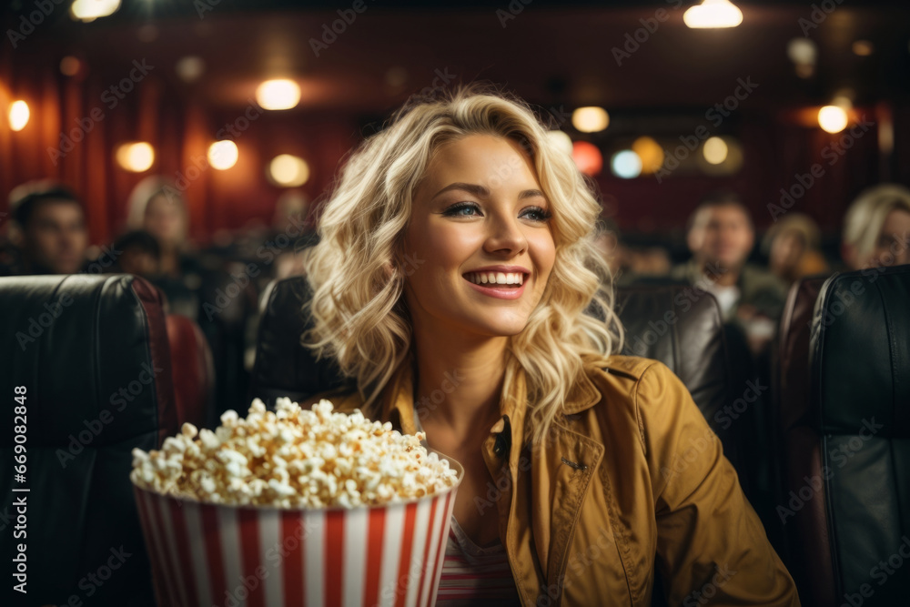 blonde woman with popcorn watching with interest a movie in the cinema and laughing