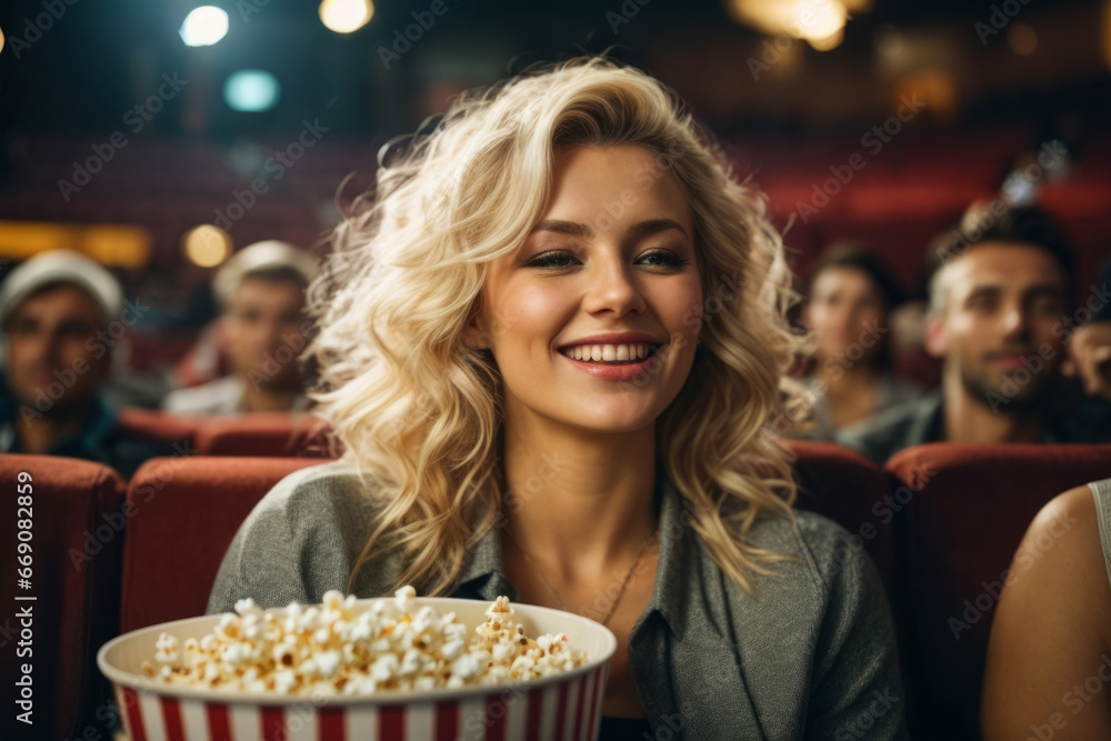 blonde woman with popcorn watching with interest a movie in the cinema and laughing blonde woman with popcorn watching with interest a movie in the cinema and laughing
