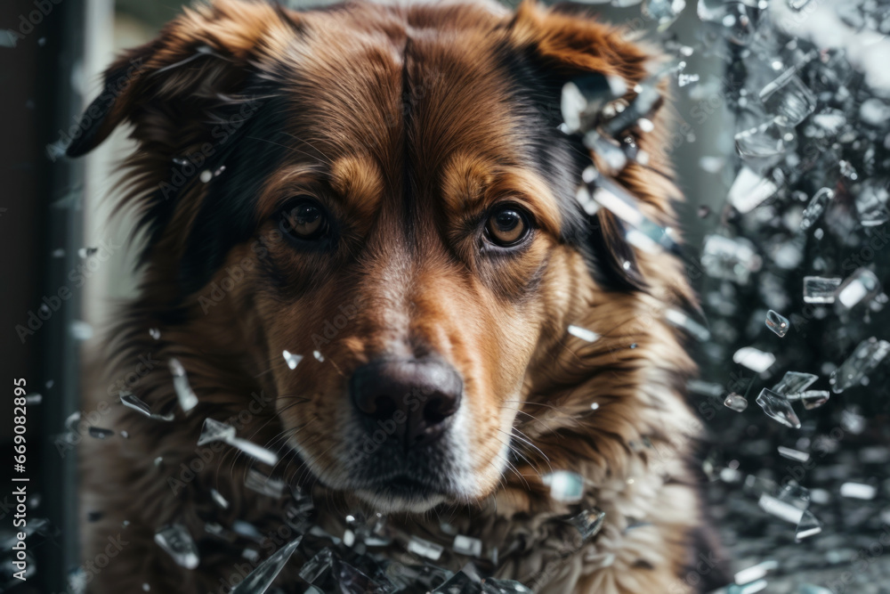 Composite collage-an image of a dog looking through the shards of a mirror made of broken glass. the concept of tragedy, car accident