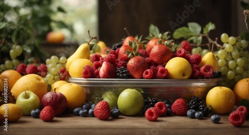 panoramic format web banner filled with whole and sliced fresh fruits