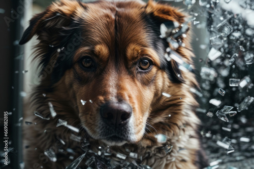 Obraz na płótnie Composite collage-an image of a dog looking through the shards of a mirror made of broken glass. the concept of tragedy, car accident w salonie
