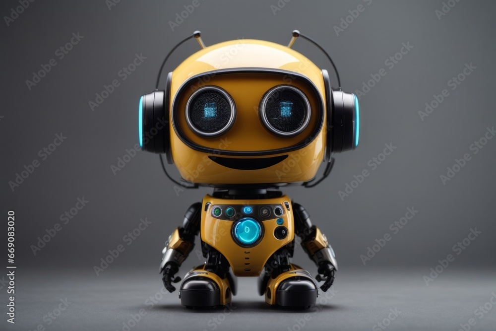 Friendly Cute Chat bot for web page black face-screen with smile wheels instead legs gray background Friendly Cute Chat bot for web page black face-screen with smile wheels instead legs gray background