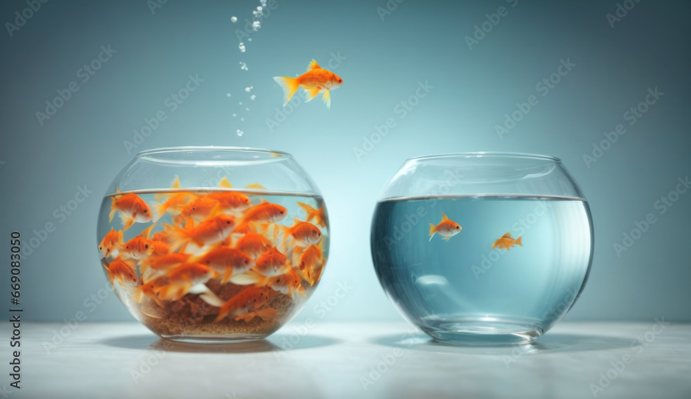 I'm not like others - be different concept - goldfish jumping in a bigger fish bowl I'm not like others - be different concept - goldfish jumping in a bigger fish bowl