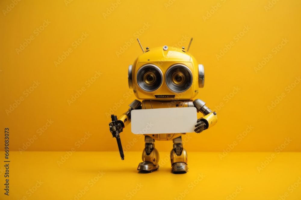 petit robot jaune avec une pancarte vierge sur la poitrine petit robot jaune avec une pancarte vierge sur la poitrine