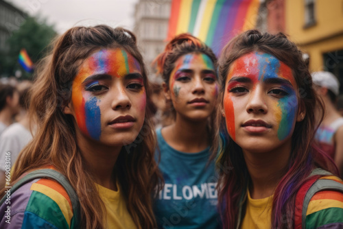 girls with painted rainbow colors on faces during lgbt demonstration 